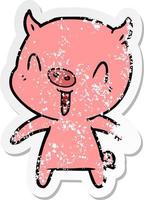 distressed sticker of a happy cartoon pig vector