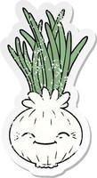 distressed sticker of a cartoon onion vector