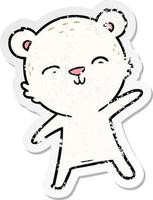 distressed sticker of a happy cartoon polar bear pointing vector