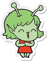 sticker of a cartoon happy alien girl vector