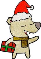 textured cartoon of a bear with present wearing santa hat vector