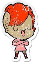 distressed sticker of a cute cartoon girl with hipster haircut vector