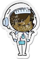 distressed sticker of a cartoon astronaut woman vector