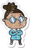 distressed sticker of a cartoon woman wearing glasses vector