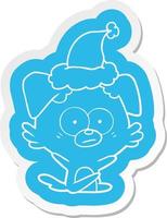 nervous dog cartoon  sticker of a wearing santa hat vector