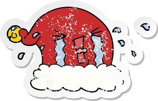 distressed sticker of a cartoon christmas hat crying vector