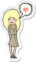 sticker of a cartoon trenchcoat wearing woman in love vector