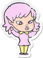 distressed sticker of a pretty cartoon elf girl vector