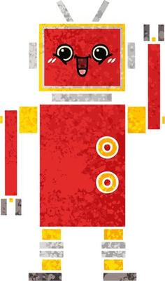 retro illustration style cartoon happy robot
