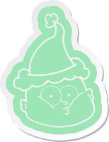 cartoon  sticker of a curious bald man wearing santa hat vector