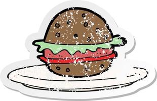 retro distressed sticker of a cartoon burger on plate vector