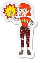 retro distressed sticker of a cartoon rock girl vector