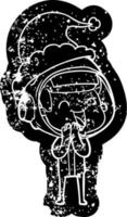 happy cartoon distressed icon of a astronaut wearing santa hat vector