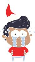 flat color illustration of a crying man wearing santa hat vector