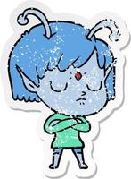 distressed sticker of a cartoon alien girl vector