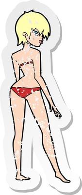 retro distressed sticker of a cartoon woman in bikini