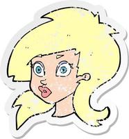 retro distressed sticker of a cartoon pretty surprised woman vector