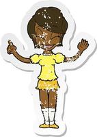 retro distressed sticker of a cartoon pretty girl with idea vector