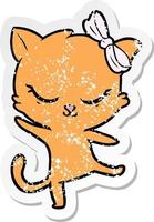 distressed sticker of a cute cartoon cat with bow vector