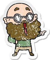 distressed sticker of a cartoon joyful man with beard pointing finger vector