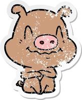 distressed sticker of a nervous cartoon pig sitting vector