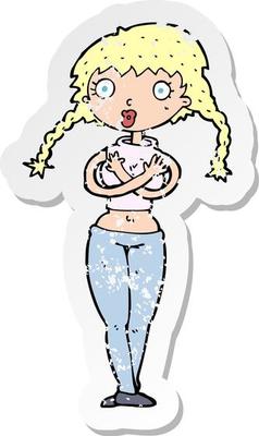 retro distressed sticker of a cartoon offended woman covering herself