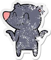 distressed sticker of a smiling bear shrugging shoulders vector