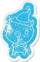 happy cartoon distressed sticker of a pig wearing santa hat vector