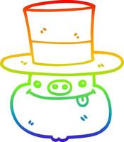 rainbow gradient line drawing cartoon pig wearing top hat vector