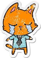 distressed sticker of a crying cartoon office worker cat vector