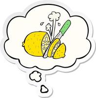 cartoon sliced lemon and thought bubble as a printed sticker vector