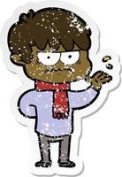 distressed sticker of a annoyed cartoon boy vector