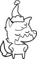 friendly line drawing of a fox wearing santa hat vector