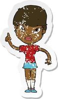 retro distressed sticker of a cartoon woman with idea vector