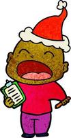 textured cartoon of a shouting bald man wearing santa hat vector