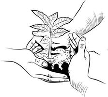 Doodle style line drawing of hands of few persons planting a tree together. Global tree plantation day.  Agriculture ecology concept. nature concept vector sketch.