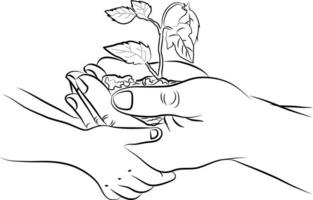 Doodle style line art drawing of hands of father and son planting a tree together. Global tree plantation day. Teach youngsters importance of plantation. Agriculture ecology concept. nature concept vector