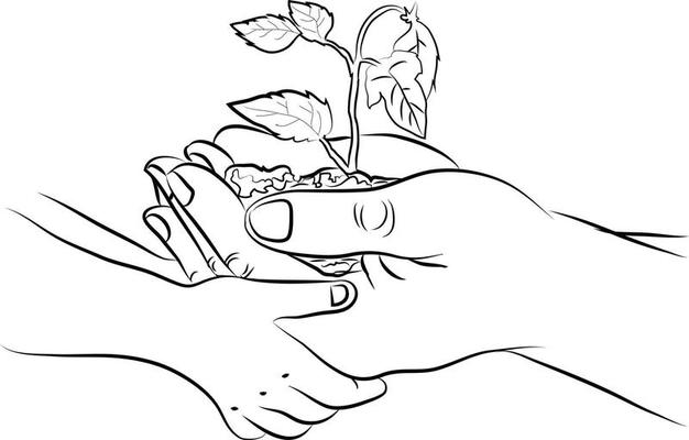 Doodle style line art drawing of hands of father and son planting a tree together. Global tree plantation day. Teach youngsters importance of plantation. Agriculture ecology concept. nature concept