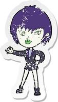 retro distressed sticker of a cartoon vampire girl vector