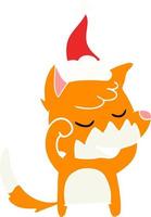 friendly flat color illustration of a fox waking up wearing santa hat vector