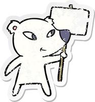 distressed sticker of a cute cartoon polar bear with protest sign vector