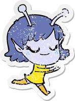 distressed sticker of a smiling alien girl cartoon vector