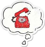 cartoon old telephone and thought bubble as a distressed worn sticker vector