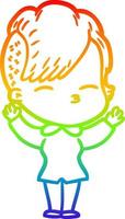 rainbow gradient line drawing cartoon squinting girl vector