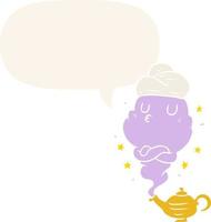 cute cartoon genie rising out of lamp and speech bubble in retro style vector