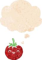 cute cartoon tomato and thought bubble in retro textured style vector