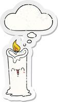 cartoon happy candle and thought bubble as a distressed worn sticker vector