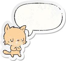 cute cartoon cat and speech bubble distressed sticker vector