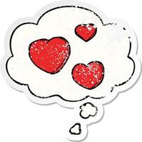 cartoon love hearts and thought bubble as a distressed worn sticker vector