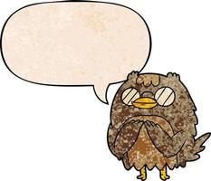 cute cartoon wise old owl and speech bubble in retro texture style vector